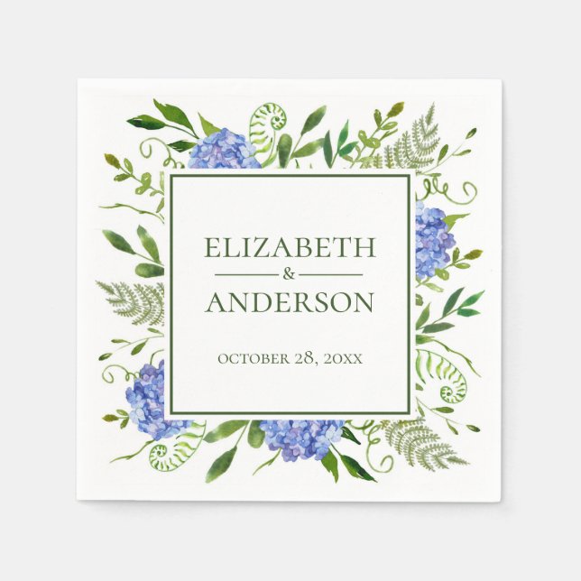 Serviette En Papier Blue Hydrangeas Floral Mariage d'aquarelle (Devant)