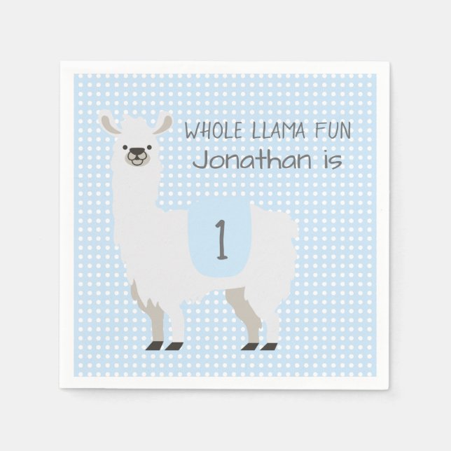 Serviette En Papier Blue & Ivory Cute Llama Enfant 1er anniversaire (Devant)