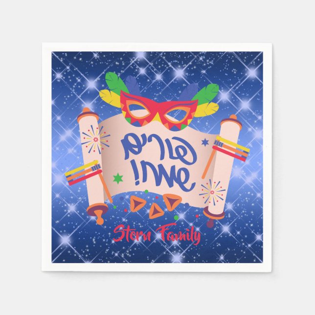 Serviette En Papier Blue Megillah Hamantash Grogger Happy Purim (Devant)