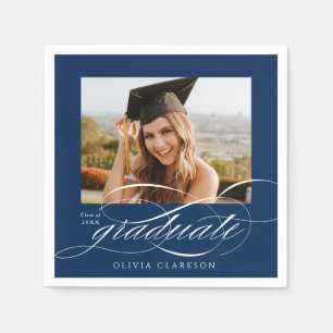 Serviette En Papier Blue Modern Élégant Script Photo Graduation Party