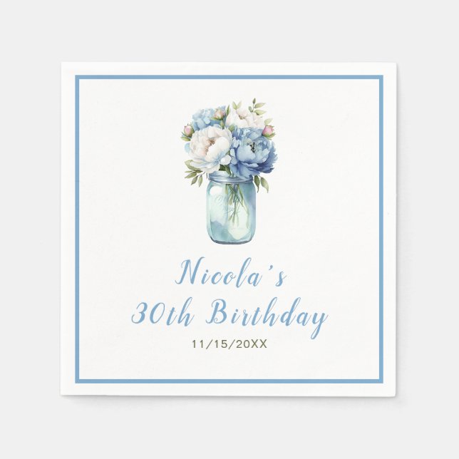 Serviette En Papier Blue Peonies Mason Jar Anniversaire (Devant)