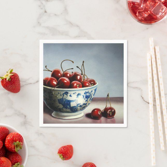 Serviette En Papier Blue Porcelain & Cherries (En situation)