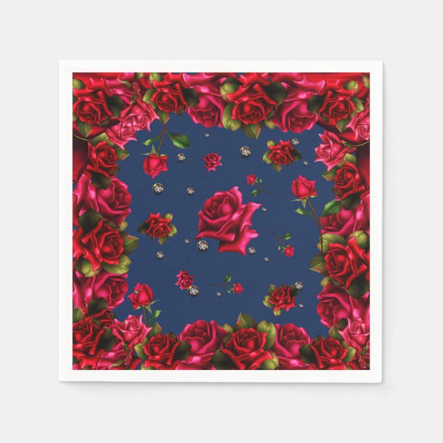 Serviette En Papier Blue Red Roses & Diamond Bling Élégant Parti (Devant)