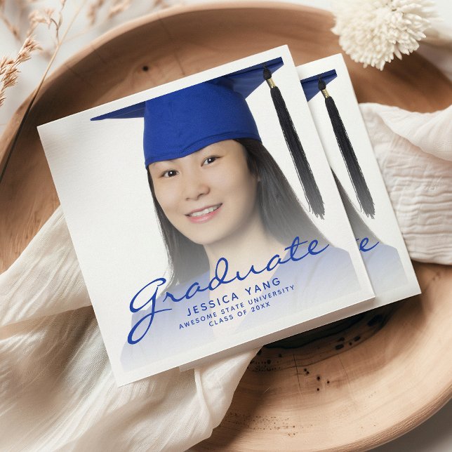 Serviette En Papier Blue Script Photo Graduation Party (Créateur téléchargé)