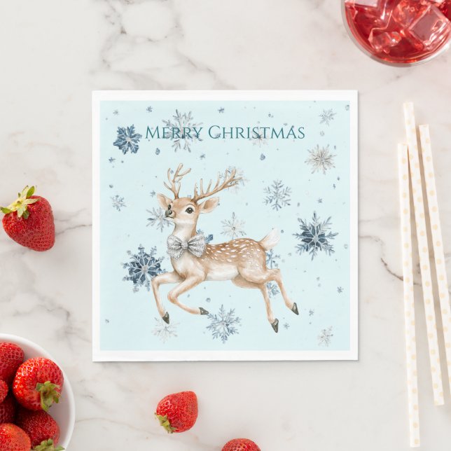 Serviette En Papier Blue Snowflakes Christmas Deer with Bow (En situation)