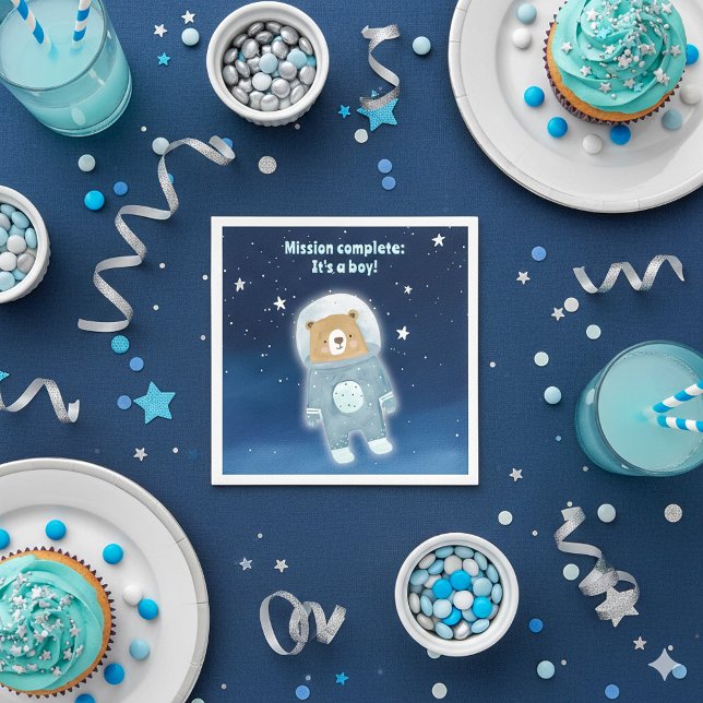 Serviette En Papier Blue Space Bear Mission Complete Stark Sky (Blue it's a boy space teddy bear astronaut baby shower gender reveal party napkin.)