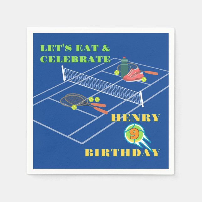 Serviette En Papier Blue Stylish Tennis Racket Court Jeu Anniversaire (Devant)
