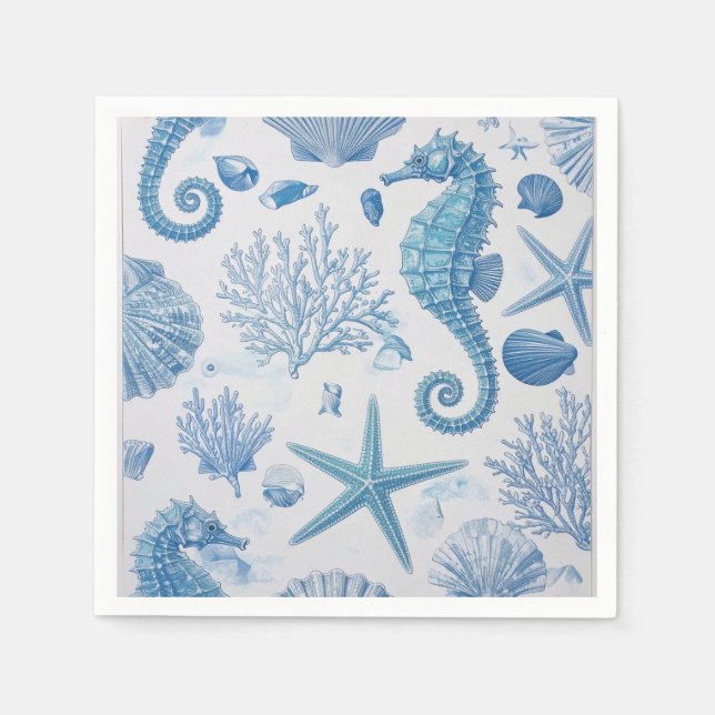 Serviette En Papier Blue Turquoise Seahorse Shell Starfish Ocean Motif (Devant)