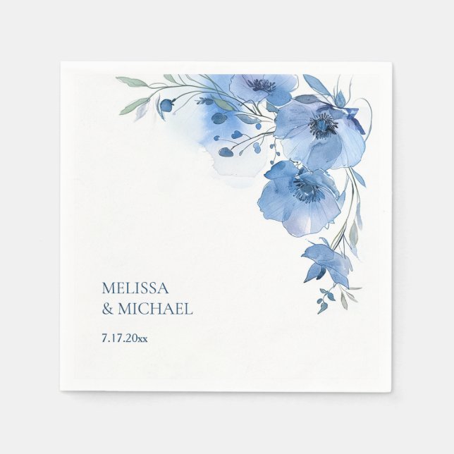 Serviette En Papier Blue Watercolor Flowers Wedding (Devant)