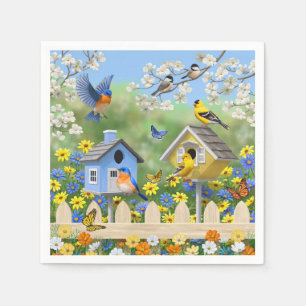 Serviette En Papier Bluebirds Goldfinches Birdhouses Jardin aux fleurs