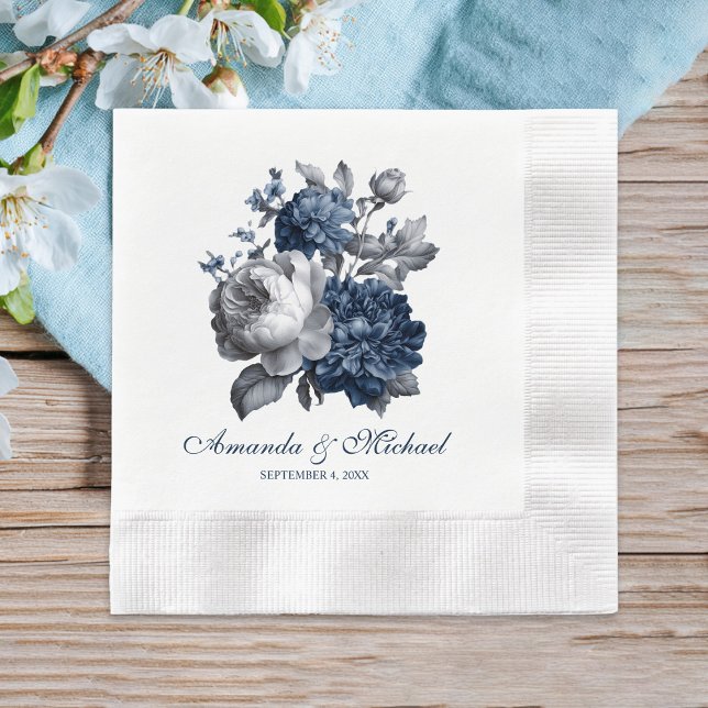 Serviette En Papier Blues modernes et Mariage floral gris (Modern Blues & Gray Floral Wedding Napkins)