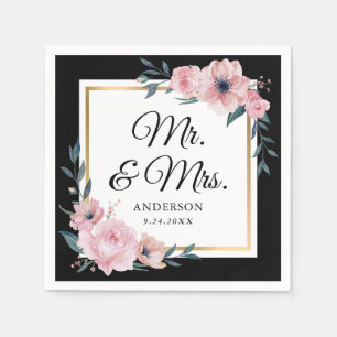 Serviette En Papier Blush Black Gold Floral Mr & Mrs Mariage
