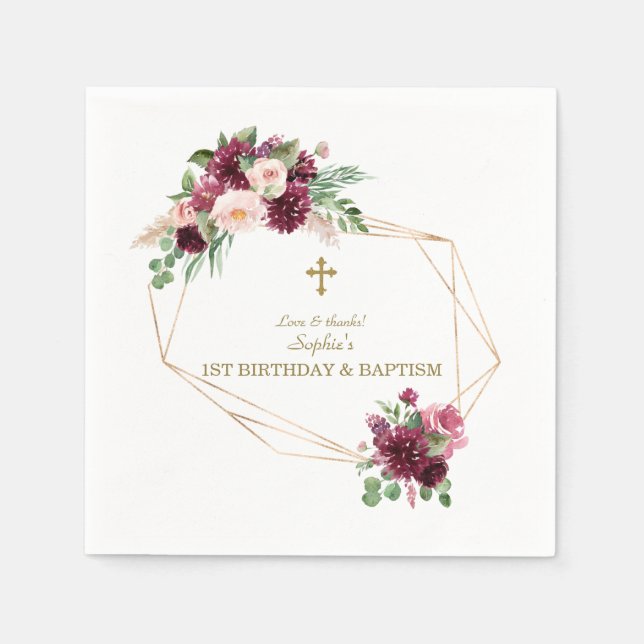 Serviette En Papier Blush Bourgogne Fleurs Or 1er Anniversaire Baptême (Devant)