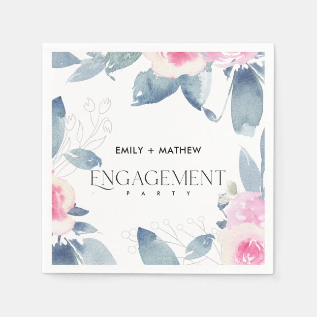 SERVIETTE EN PAPIER BLUSH DOUX BLEU FLEURIE AQUARELLE BOUQUET FIANÇAIL (Devant)