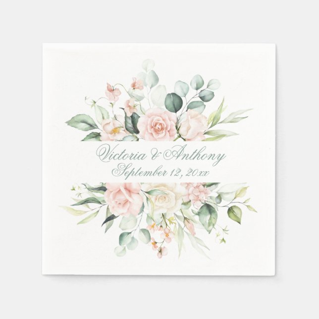 Serviette En Papier Blush Floral Elegant Script Nom Mariage (Devant)