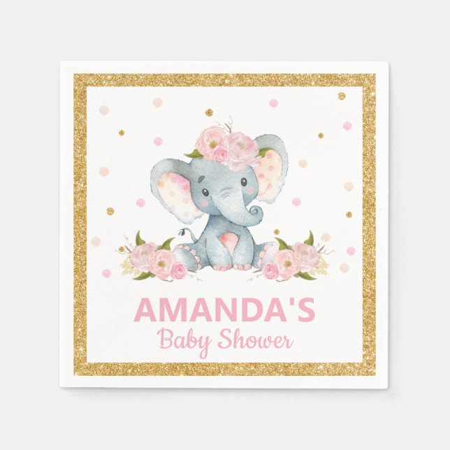 Serviette En Papier Blush Floral Elephant Baby shower Girls Serviettes (Devant)