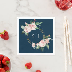 Serviette En Papier Blush Floral Navy Mariage Monogram Napkins