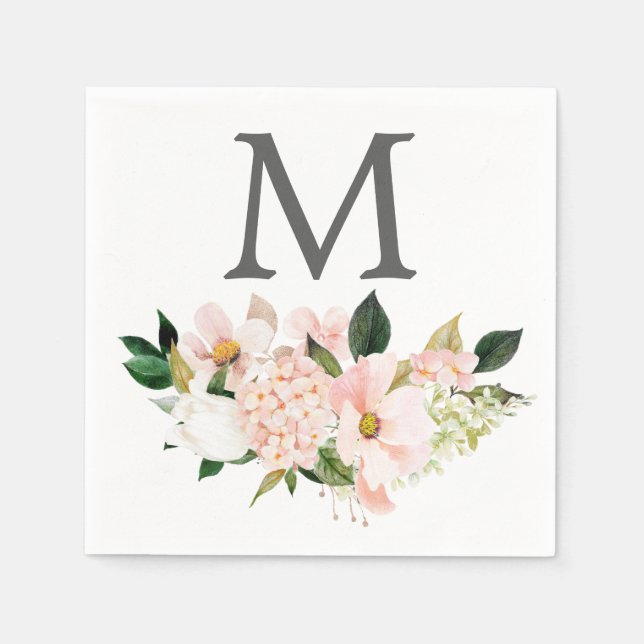 Serviette En Papier Blush Hydrangea Monogram Mariage Cocktail Napkin (Devant)