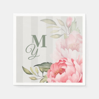 Serviette En Papier Blush Peony Wedding Monogram | Chic Floral Paper