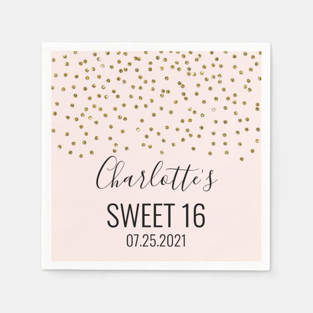 Serviette En Papier Blush Pink Gold Confetti Sweet 16 Anniversaire (Devant)