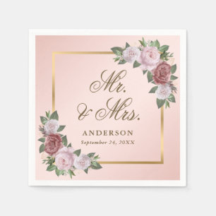 Serviette En Papier Blush Pink Gold Floral M. et Mme Mariage Napkins