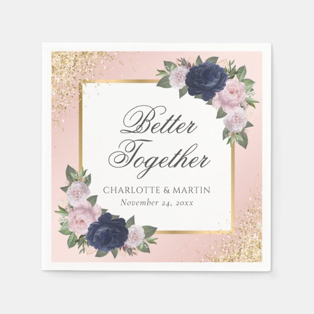 Serviette En Papier Blush Pink Gold Navy Blue Floral Mariage (Devant)