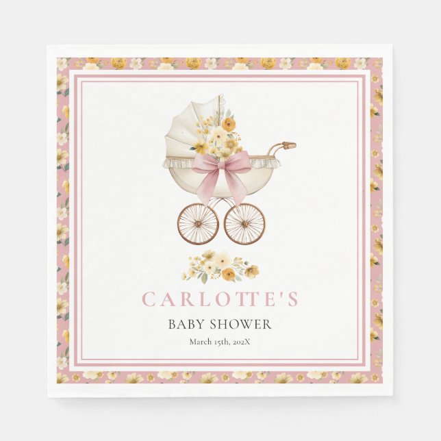 Serviette En Papier Blush Pink Pram Floral Baby Shower Luncheon Napkin (Devant)