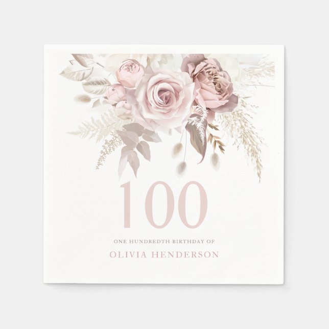 Serviette En Papier Blush Rose Flowers 100e fête d'anniversaire (Devant)