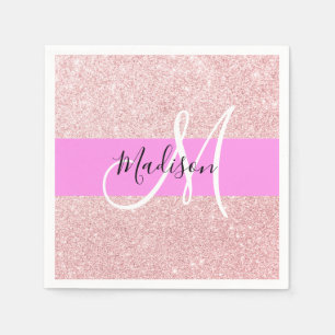 Serviette En Papier Blush Rose Glamour Or Rose Gold Paillettes Monogra