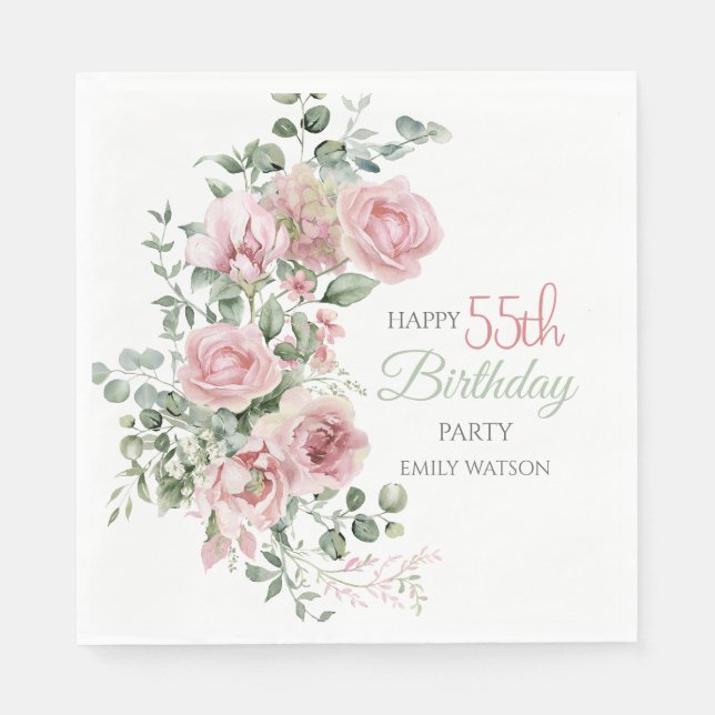 Serviette En Papier Blush Rose Greenery Eucalypt 55th Birthday (Devant)