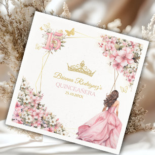 Serviette En Papier Blush Rose Papillons Floraux Dorés Quinceañera
