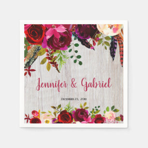 Serviette En Papier Bohème Chic Bourgogne Marsala Floral Mariage