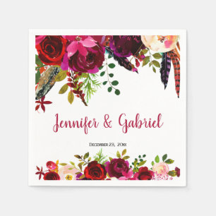 Serviette En Papier Bohème Chic Bourgogne Marsala Mariage Floral