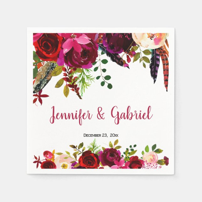 Serviette En Papier Bohème Chic Bourgogne Marsala Mariage Floral (Devant)