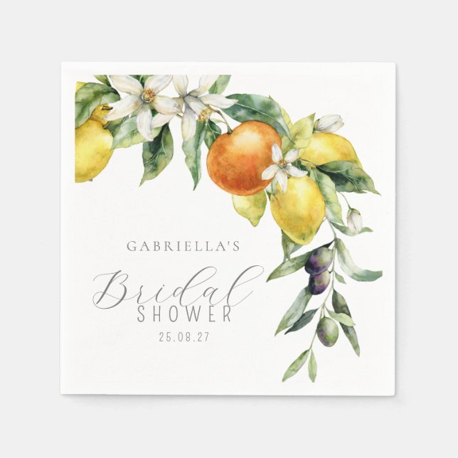 Serviette En Papier Boho Aquarelle Citrus Lemon Orange Fête des mariée (Devant)