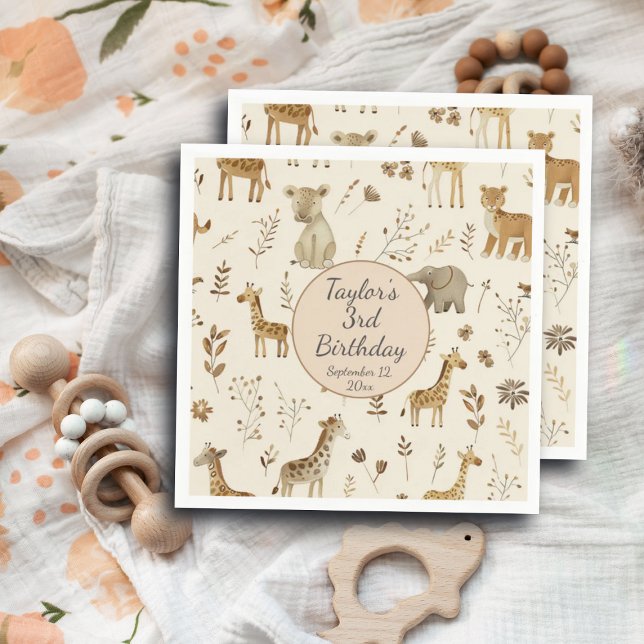 Serviette En Papier Boho Blanc Beige Jungle Animaux Anniversaire (Créateur téléchargé)
