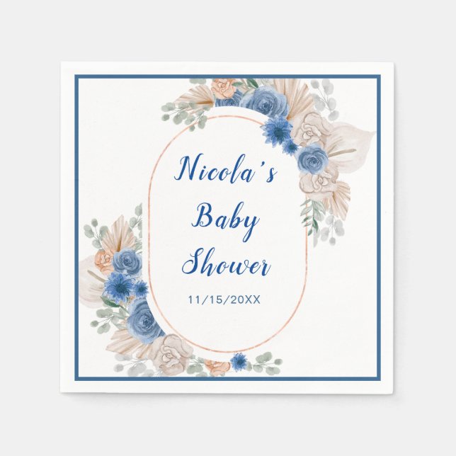 Serviette En Papier Boho Blue Pampas Grass Baby shower (Devant)