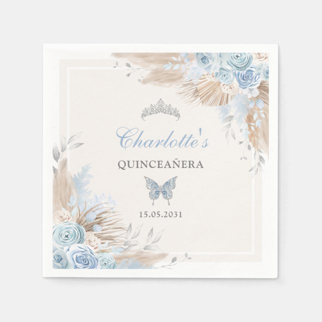 Serviette En Papier Boho Blue Silver Quinceanera Miss Quince 15 (Devant)