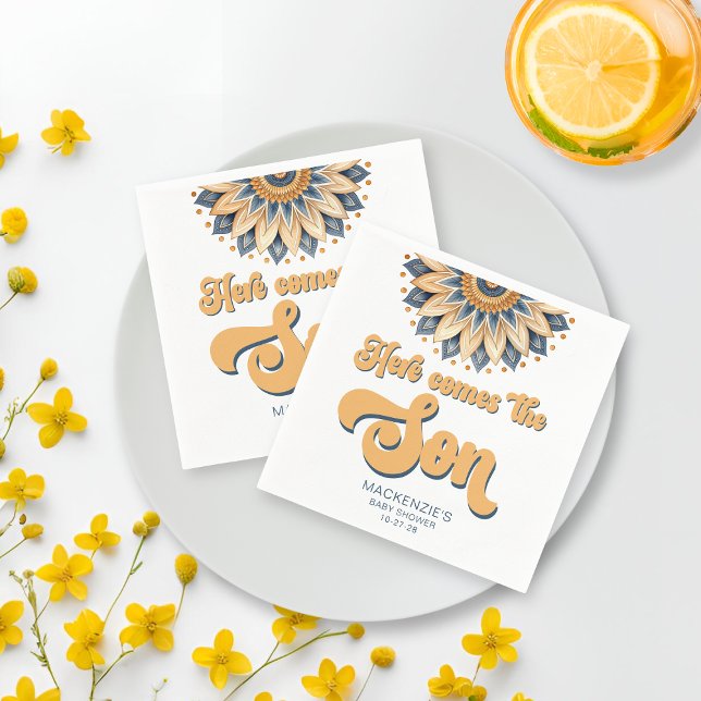 Serviette En Papier Boho Blue Sunflower Baby shower de typographie rét (Boho Blue Sunflower Retro Typography Baby Shower Napkins)