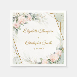Serviette En Papier Boho blush floral et or et eucalyptus mariage