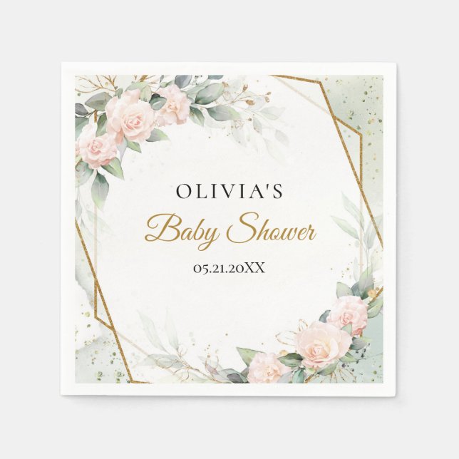 Serviette En Papier Boho blush roses et Baby shower d'or eucalyptus (Devant)