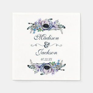 Serviette En Papier Boho Chic Mint & Navy Floral Monogram Mariage