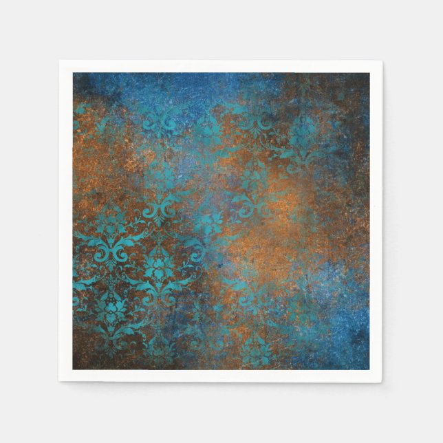 Serviette En Papier Boho Cuivre bleu Floral Damask Grunge (Devant)