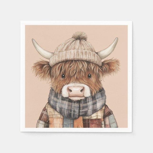 Serviette En Papier Boho Cute Highland Cow en crème Casquette (Devant)