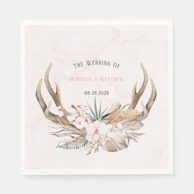 Serviette En Papier Boho Deer Antlers et Florals Mariage (Devant)