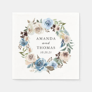 Serviette En Papier Boho Dusty Bleu Beige Floral Mariage