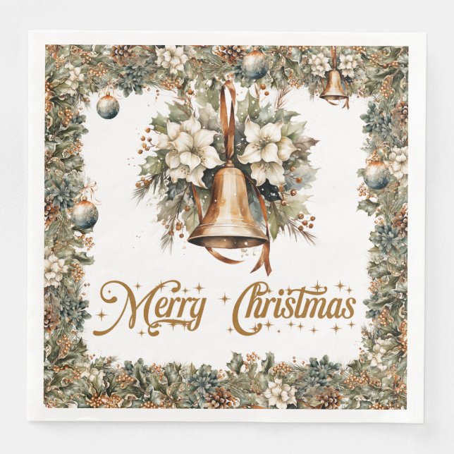 Serviette En Papier Boho Elégante verdure et cloches d'or de Noël (Devant)