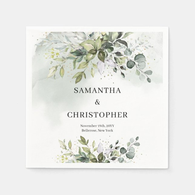 Serviette En Papier Boho Eucalyptus branches vertes faux or (Devant)