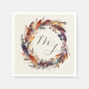 Serviette En Papier Boho Feathers Floral Wreath Monogram Mariage