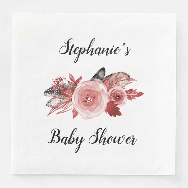 Serviette En Papier Boho Feathers Rose Baby shower Bourgogne (Devant)